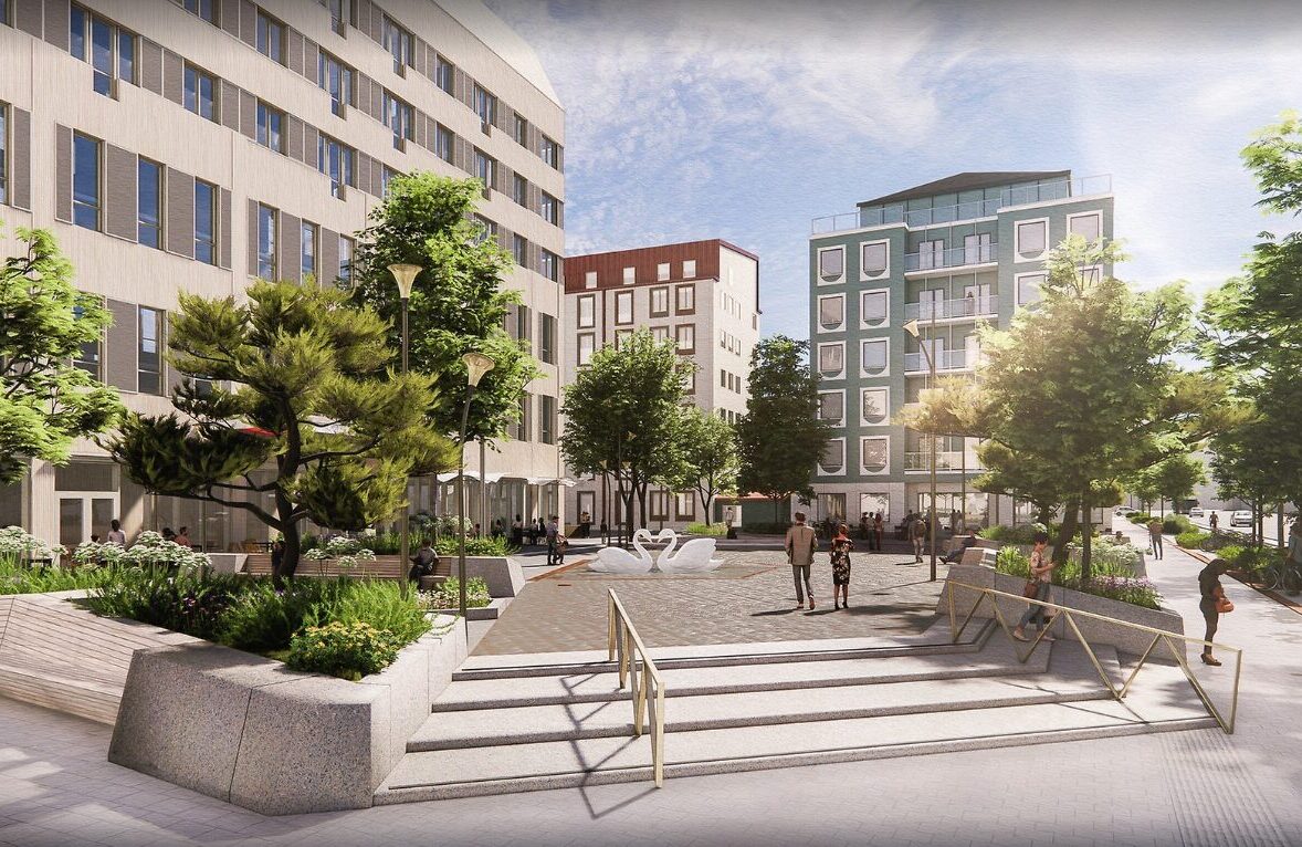 Illustration från Ursvik i Sundbyberg som visar planerad stadsmiljö på torget med människor, grönska och solsken